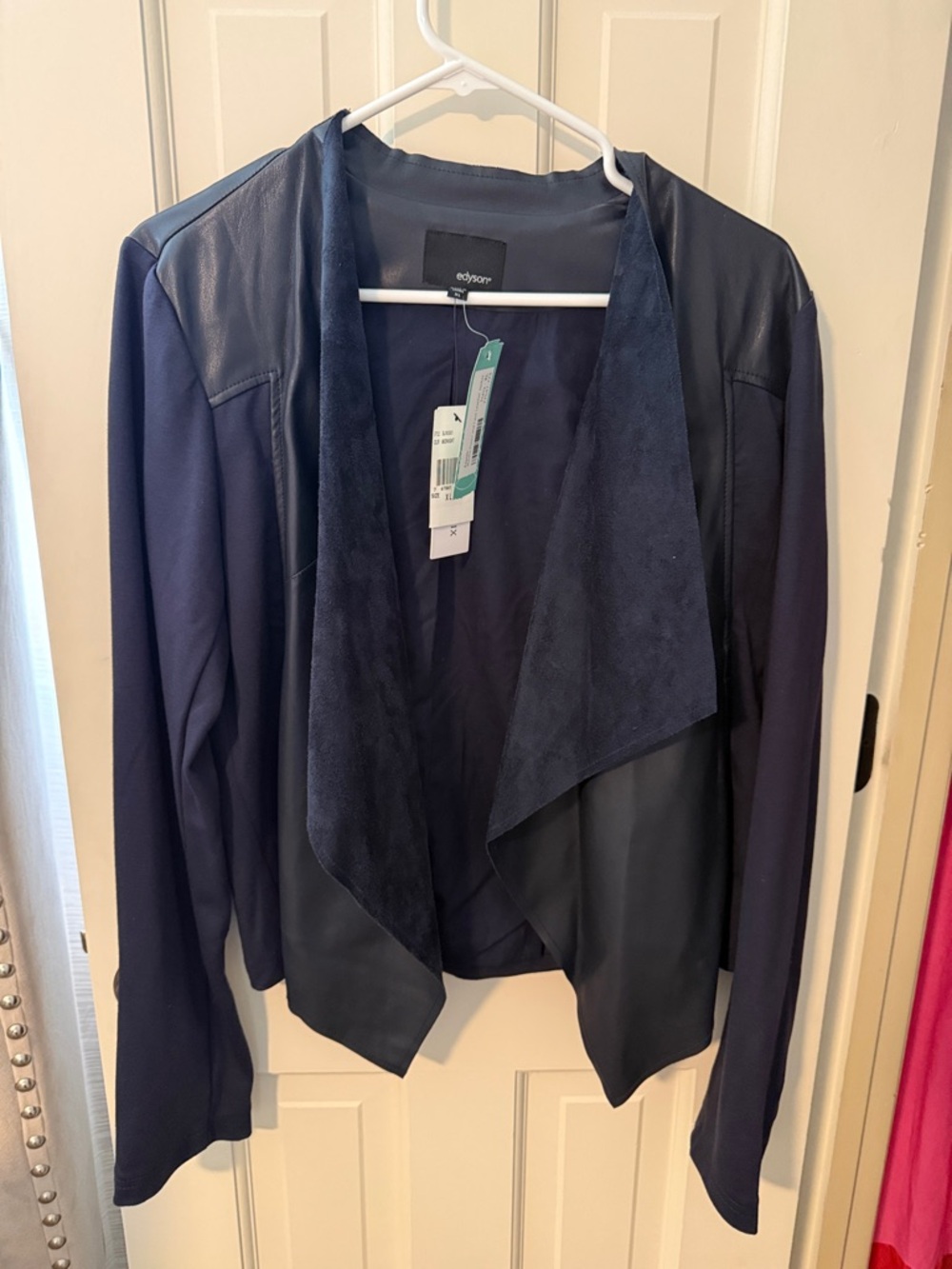 edgyer Navy Open-Front Mixed-Media Blazer